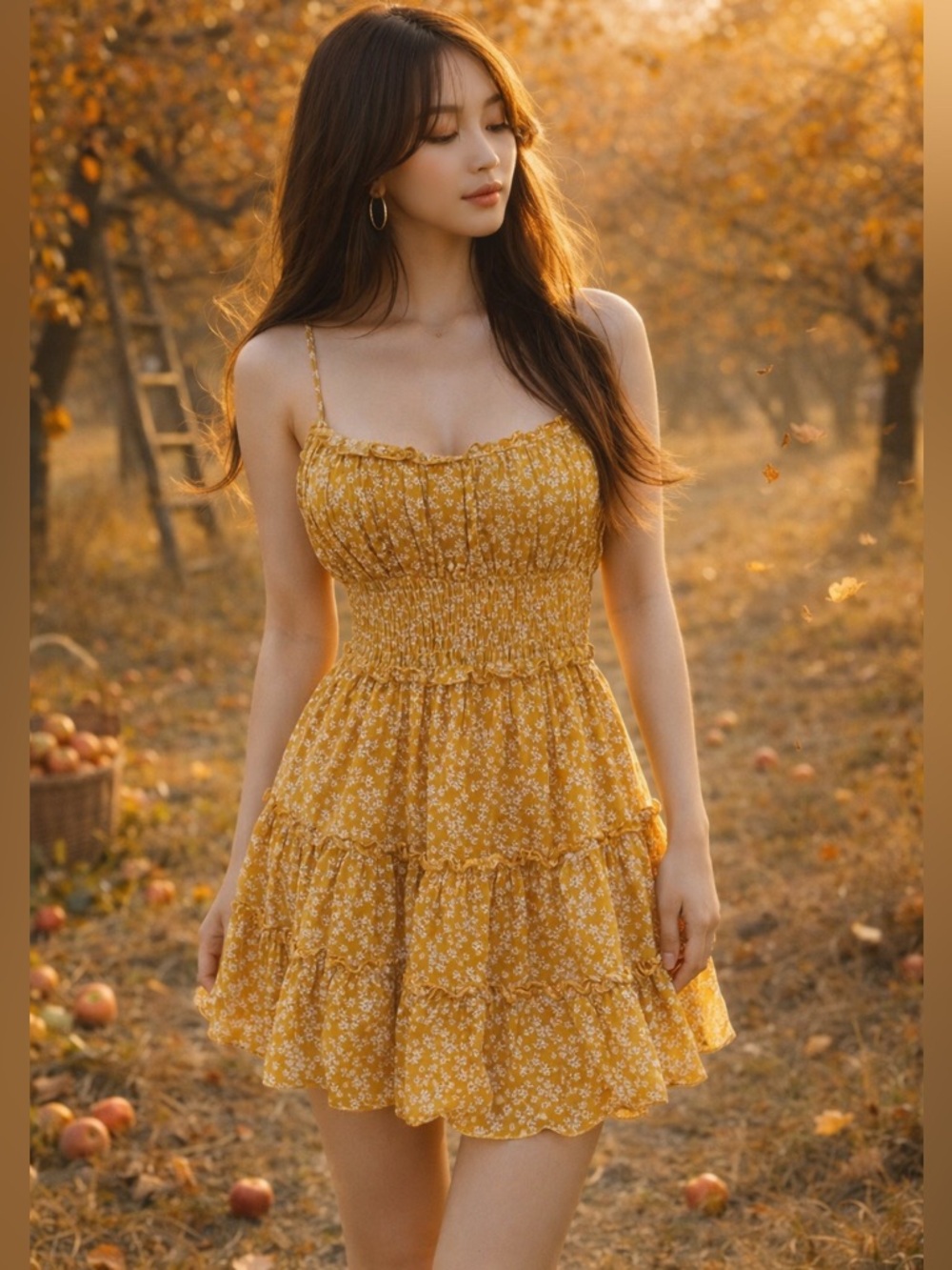 NWT autumn golden blooming floral flowy gauzy gathered waist twirl mini dress